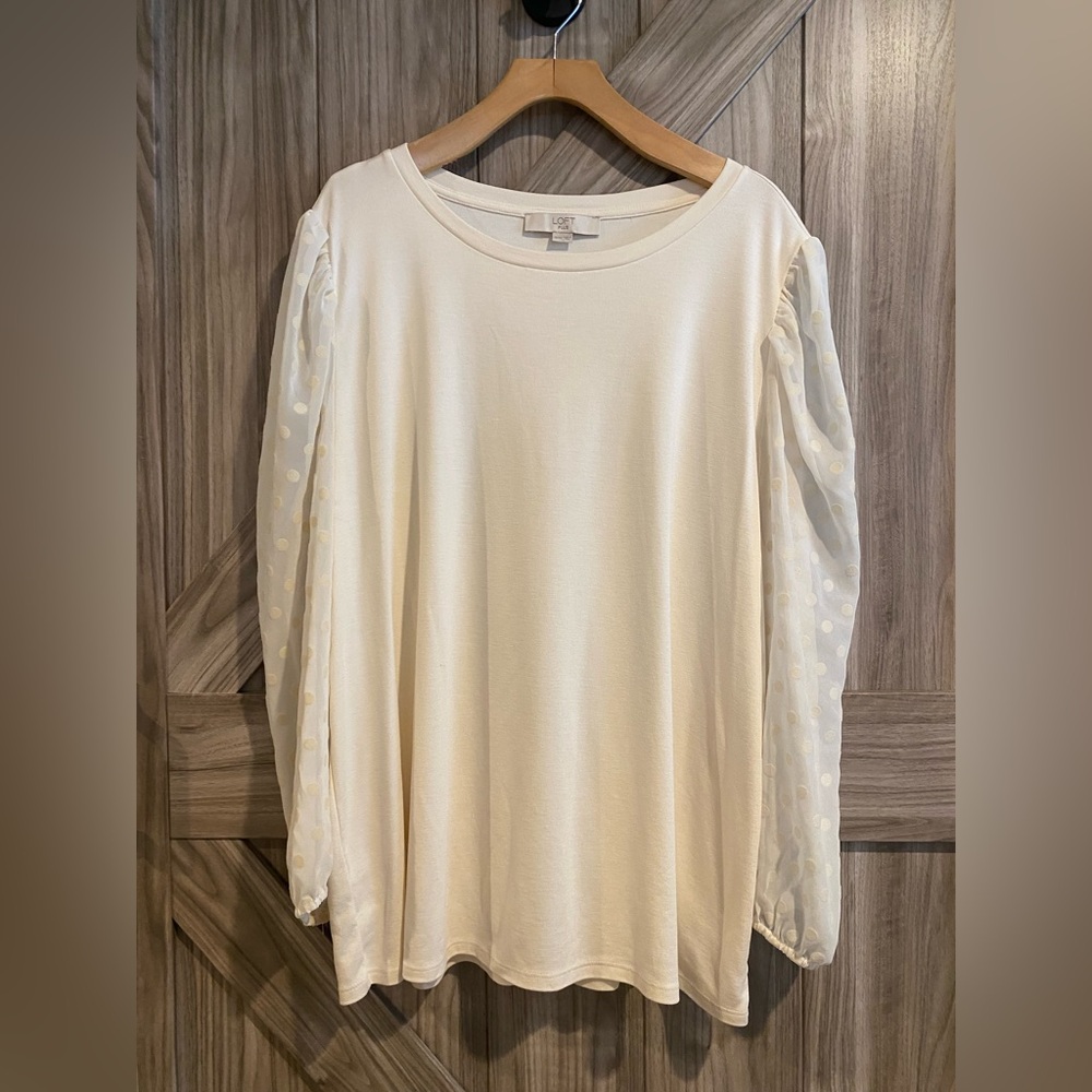 Loft Elegant Cream Women's Top with sheer polka dot sleeves. Size 20/22